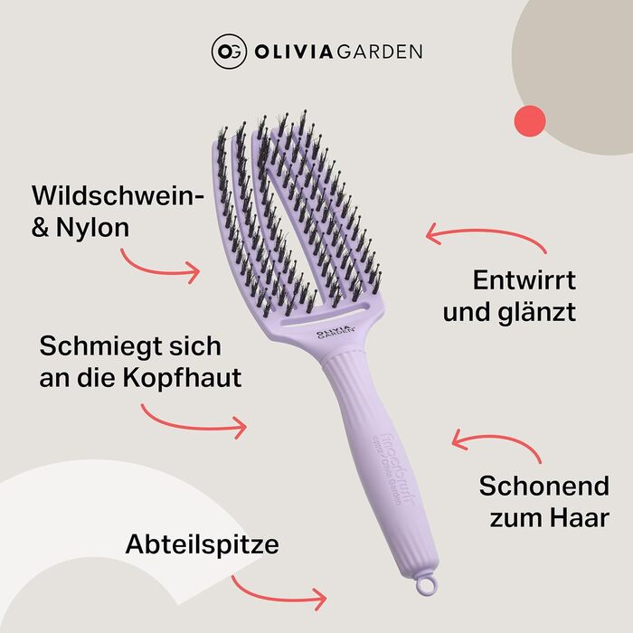 Щітка для волосся Olivia Garden Care Iconic з щетиною кабана та нейлону для блиску та гладкого укладання (лавандовий, середній)