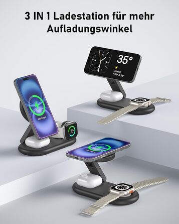 Зарядна станція 3-в-1 для Apple Watch та iPhone з MagSafe, сумісна з iPhone 17, 16, 15, 14, 13, 12, AirPods Pro (білий/чорний)