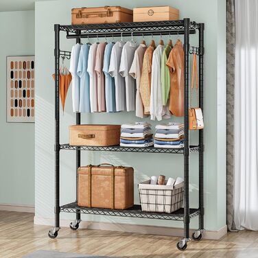 Вішалка для одягу на коліщатках металева з полицею та гачками, чорна 120x45x205 см