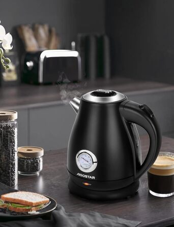 Електричний чайник Aigostar Adrian Retro з нержавіючої сталі, 1.7л, 2200W, аналоговий термометр, LED-підсвічування, автоматичне відключення, чорний