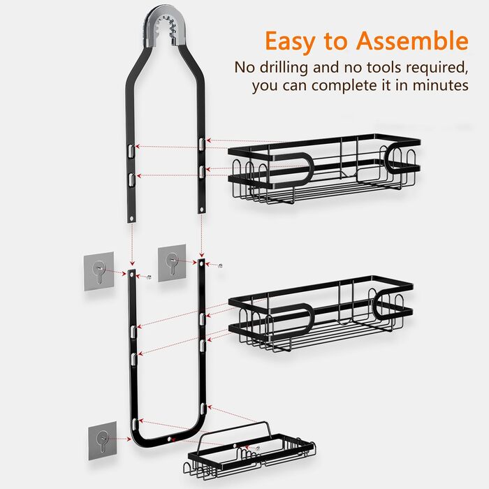FOXWHALE Shower Shelf - Hanging Shower Rack with Razor Holder & Soap Holder and Multiple Hooks, Black, No Drilling Hanging Shower Basket for Bath Bombs, Towel, Bath Brush