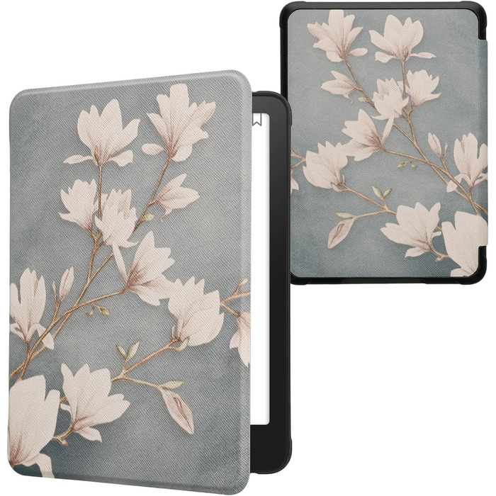 Чохол-книжка kwmobile для Amazon Kindle Paperwhite (2024)/Colorsoft: Захисний чохол з квітковим дизайном, магнітний замок, блакитно-червоно-білий колір, Magnolien Taupe Weiß, Blaugrau