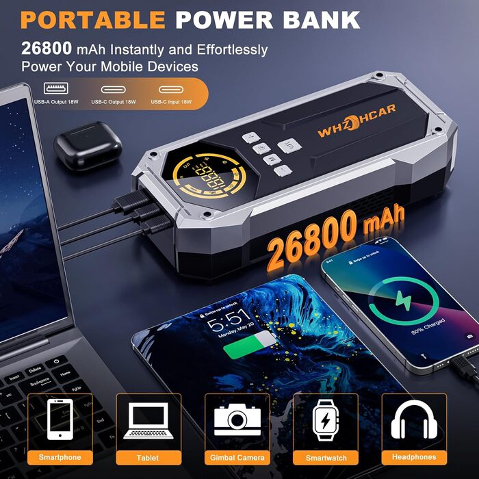 Портативний пусковий пристрій Starthilfe Powerbank з компресором 26800mAh, 6000A, 150PSI, LCD, LED, чорний