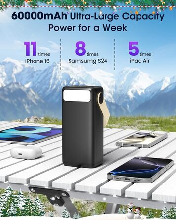 Портативний зарядний пристрій Power Bank 60000mAh з LED-ліхтариком, 22.5W, PD20W, для iPhone/Android, чорний