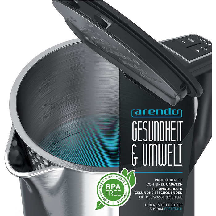 Arendo - Stainless Steel Kettle with Temperature Setting 40-100 Degrees in 5-Degree Increments - Double-Walled Design - Model ELEGANT - 1.5 Liter - 2200 W - Tea Kettle with Temperature Display - GS - Silver