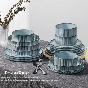 Набір посуду керамічного LIANYU Linear Hues на 16 персон: тарілки та миски для пасти, білий з блакитним, мікрохвильова піч та посудомийна машина