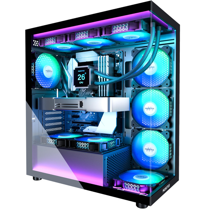 Корпус ПК MUSETEX K2: Mid Tower ATX з 7 PWM ARGB вентиляторами, подвійне панорамне скло, Type-C, чорний (42,5 x 21,2 x 47 см)