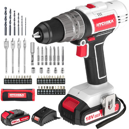 Акумуляторний шуруповерт HYCHIKA 18V, 45 Nm, 2.0 Ah, 21+3 ступені, 2 швидкості, з набором аксесуарів