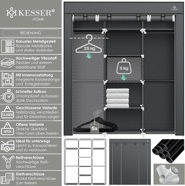 KESSER® Wardrobe Clothes Rack Stable with Clothes Rail & Shelves, Incl. 5x Clothes Hangers, Fabric Folding Wardrobe for Bedroom, Dressing Room Closet with Clothes Stand 150x45x175cm (Anthracite)
