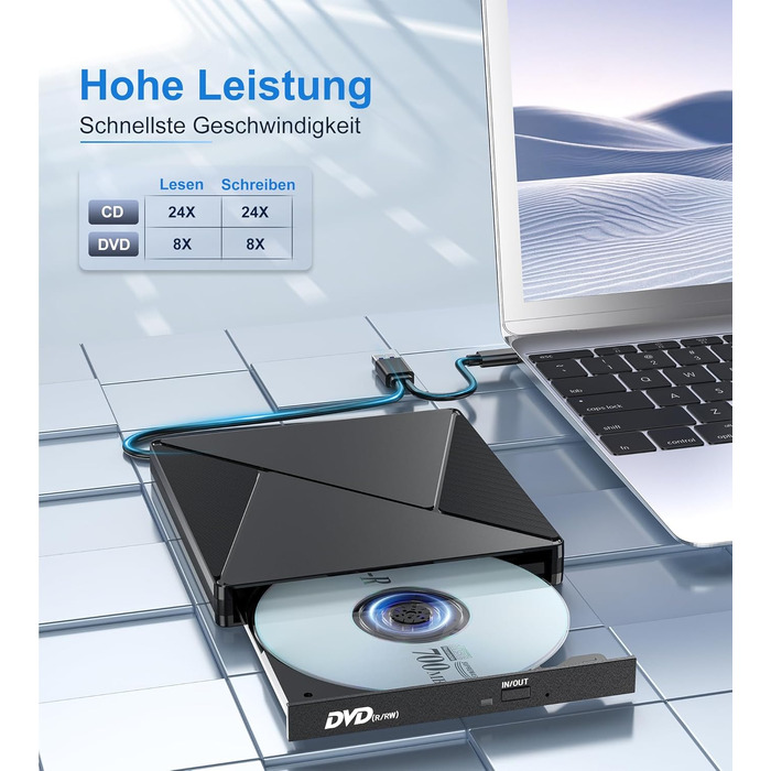 Зовнішній CD/DVD привід USB 3.0 та USB-C, оптичний накопичувач CD/DVD +/-RW ROM для ноутбука, ПК, MacBook, iMac (Windows, MacOS, Linux)