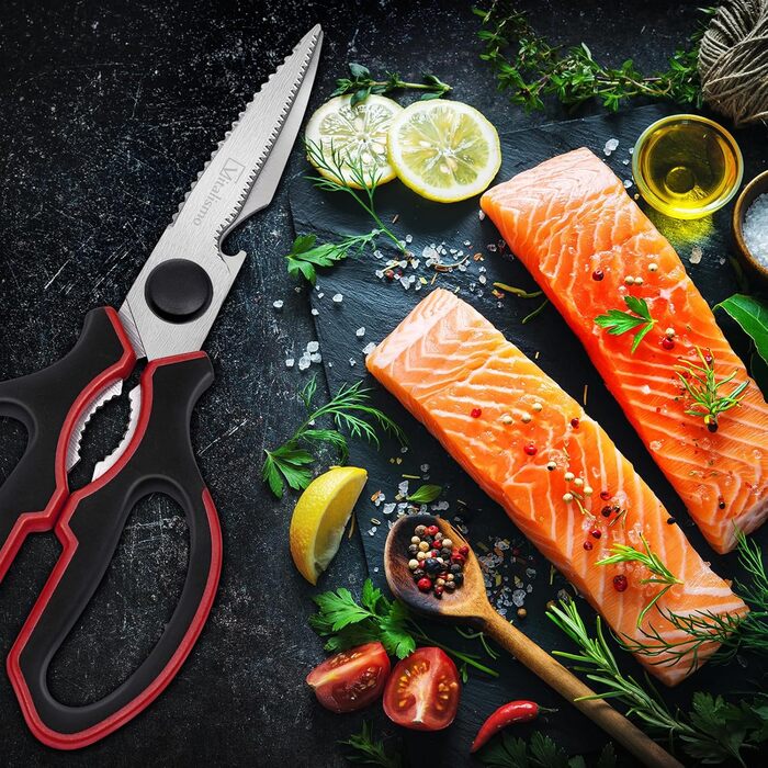 Універсальні кухонні ножиці 21 см з нержавіючої сталі, для риби, птиці, горіхів, з захистом леза, миючі в посудомийній машині, для лівшів, червоні