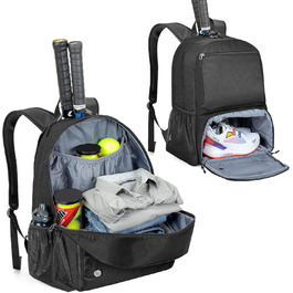 Рюкзак для тенісу DSLEAF з відділенням для взуття, сумка для 2 ракет, з підкладкою на плечах, чорний (для жінок та чоловіків)