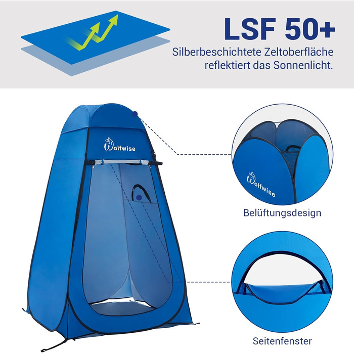 WolfWise Pop-Up Shower Tent with UV Protection - Portable Toilet & Changing Tent for Camping & Outdoor Use - Blue L