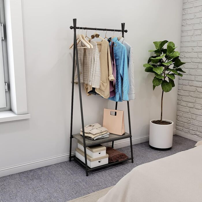 Coat rack, clothes rack, wardrobe with shoe storage, metal frame, for hallway, living room and veranda, retro-industrial clothes rack, 64cm x 41cm x 162cm, (Grey)