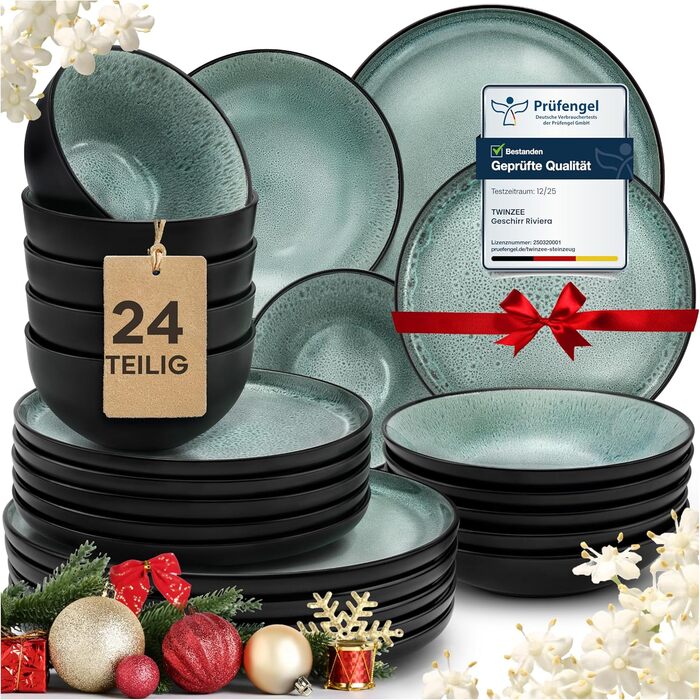 Набір посуду Twinzee Steingut (24 частини) для 6 осіб: тарілки та миски, сервіз з каменю, колекція Riviera Sage