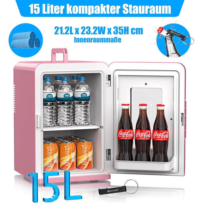 KESSER® Міні холодильник-термобокс 15L 2в1: охолодження та нагрівання, AC/DC, для авто, офісу, дому, кемпінгу (рожевий)