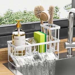 Cisily Kitchen Sink Caddy Organizer with Tall Brush Holder, Sponge Holder for Sink, 304 Stainless Steel, Kitchen Countertop, Soap Dispenser, Organizer, Kitchen Decor and Accessories (White/Opulent Garden)