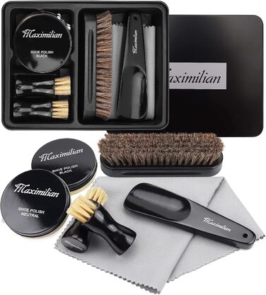 MAXIMILIAN shoe shine kits for leather, shoe care set with black and colorless shoe cream, 2 applicator brushes, soft horsehair brushes, shoehorn, cloth