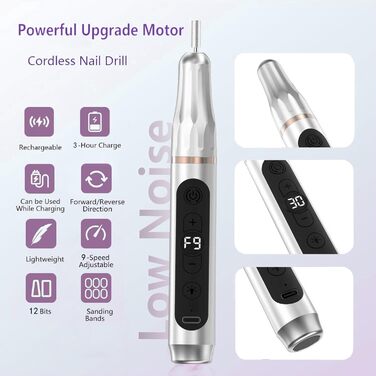 Портативний фрезер для нігтів бездротовий 12 в 1 Професійний електричний набір для манікюру та педикюру USB, перезаряжається, 9 швидкостей, 20000 об/хв, срібний