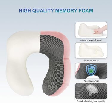 Подушка для шиї Eono з піною Memory Foam, ергономічна, для подорожей, з маскою для сну та навушниками, рожева