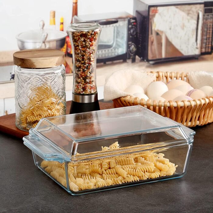 Прямокутна форма для запікання зі скляною кришкою, 2L, 24x20x6 см, для лазаньї, на 2 порції, сумісна з мікрохвильовою піччю та духовкою