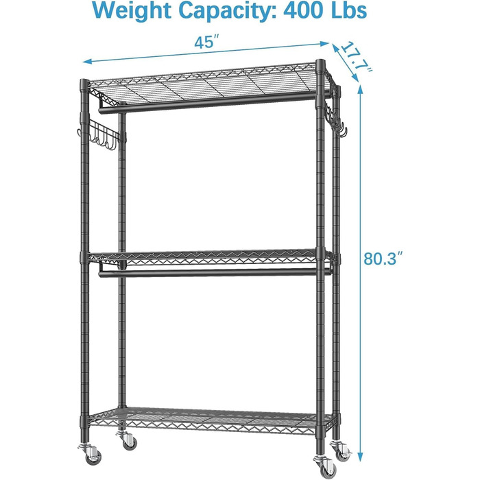 ALKNOT Clothes Rack, Garment Rod, Rolling Clothes Rack, Rolling Garment Rod, Stable Clothes Rack, Clothes Rack with Wheels 90x43.5x180cm, Load Capacity 100kg