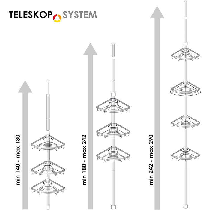 Bremermann Telescope Corner Shelf, 4 Baskets, Telescope Rod up to approx. 290 cm (White)