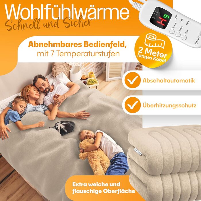 Електрична грілка KESSER® з плюшу 180x130 см сірого кольору | з таймером, автоматичним вимкненням, 9 температурних режимів, цифровим дисплеєм, прання до 40°C, сертифікат TÜV SÜD GS