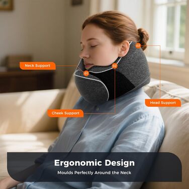 Подушка для шиї у подорожах: Memory Foam, регульована, з навушниками та маскою для сну (темно-сірий)