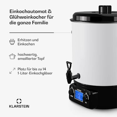 Klarstein Biggie Small - Canning Machine, Canning Pot, Preserving Pot, Mulled Wine Maker, electric, 16L capacity, 2000 watts, adjustable temperature, timer up to 120 minutes, (White, 27 Liter (digital))