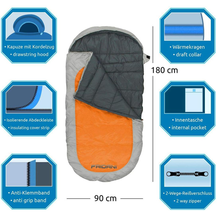 Fridani Kids Sleeping Bag PO 180x90cm XXL Comforter Sleeping Bag -12°C Orange Warm Water-Repellent Washable