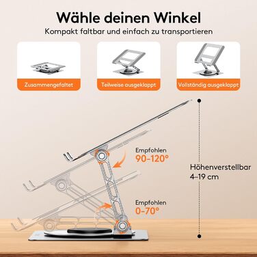 Підставка для ноутбука TECKNET 360° - регульована висота, металева, ергономічна, сумісна з MacBook, Dell (до 17.3