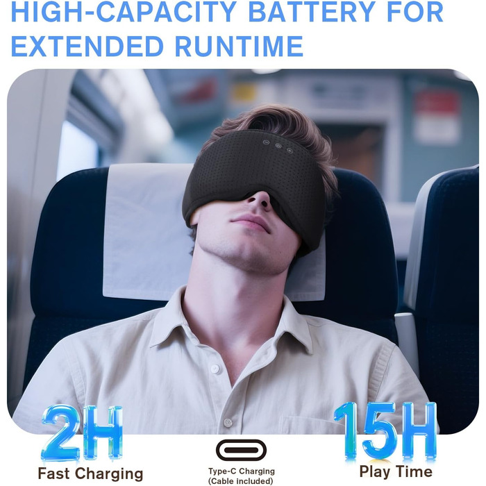 Маска для сну Dolida з Bluetooth навушниками V5.4, 3D контурні подушечки для очей, мікрофон, для бічних положень, подорожей, глибокий чорний колір