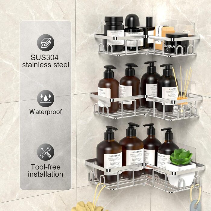 Набір з 3 кутових полиць для душу без свердління, вологостійкий та антикорозійний, органайзер для ванної кімнати, тримач для шампуню та гелю для душу (чорний та срібний)