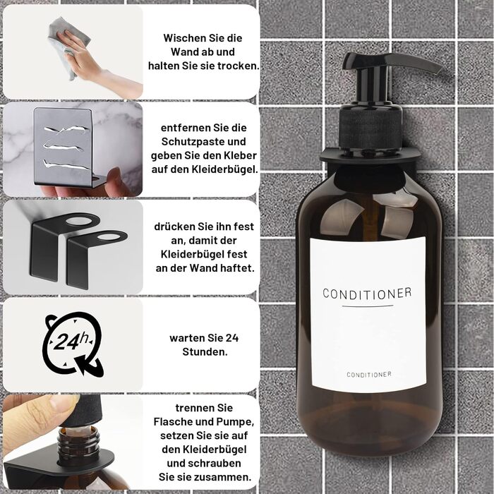 3 диспенсер для мила об'ємом 500 мл з кріпленням на стіну, пластик, для ванної кімнати, з етикетками