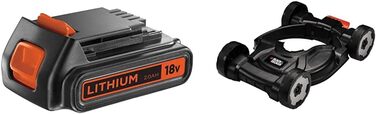 Black+Decker 3-in-1 City Mower Attachment (40-60 mm cutting height for trimmer) + Black+Decker Li-Ion Slidepack Battery (18V 2.0Ah, compatible with all Black+Decker 18V garden tools)