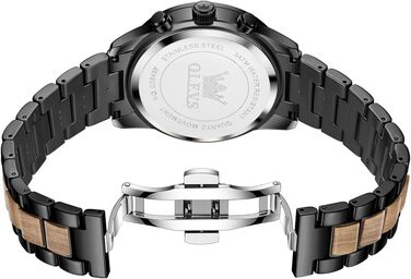 Годинник чоловічий OLEVS 3645-schwarz+gelb: аналоговий кварц, дерев'яний ремінець, хронограф, водостійкий, з підсвічуванням