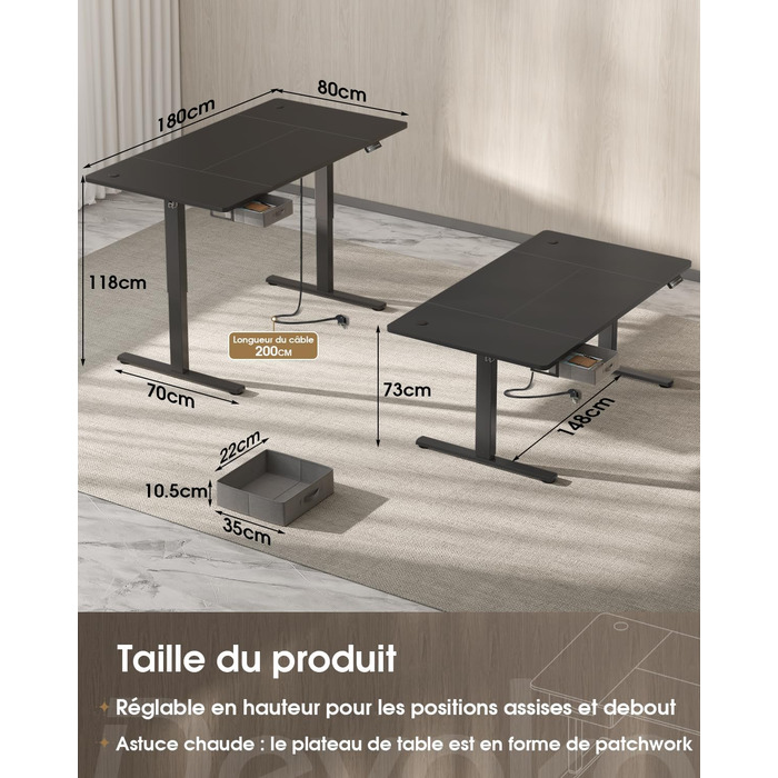 Devoko Height Adjustable Standing Desk 160x80cm with Drawers, USB Charging Port, Cable Management Tray, and Memory Function - White