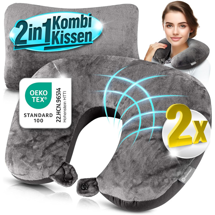 Подушка для шиї 2в1 - Подушка-воріт, 37x27 см - Подорожні подушки для шиї для літака, кемпінгу, подорожей - Ергономічна подушка для голови з мікрокульками (Сірий, 2 шт.)