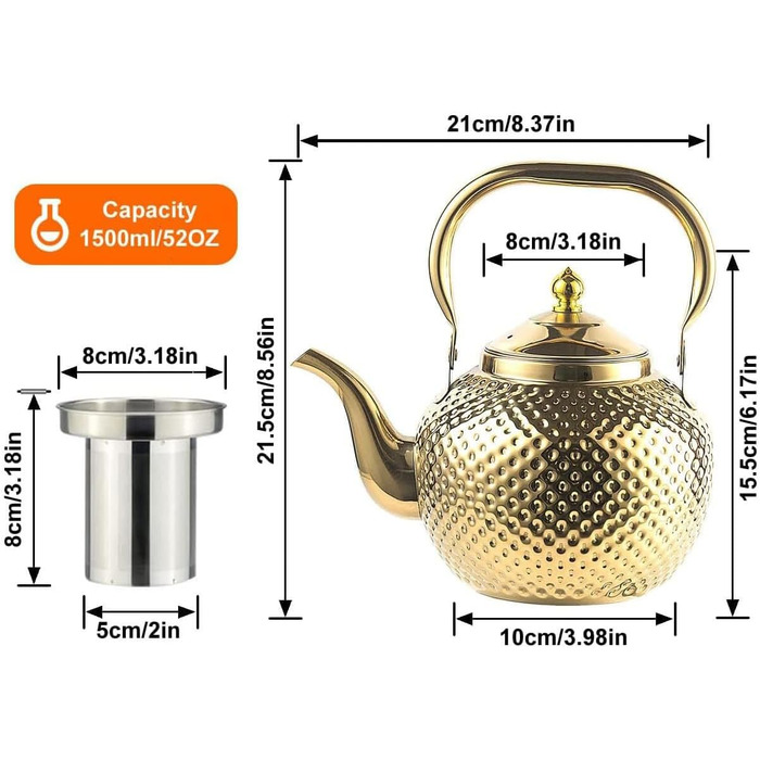 Чайник Sanqiahome 2.0 л з нержавіючої сталі з ситечком, індукційний (золотий, 1.5 л)