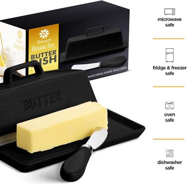 Ceramic Butter Dish Set with Lid and Knife – Black – Decorative Butter Crock Holder for 1 Butter – Microwave Safe, Dishwasher Safe – Includes Scratch-Free Stickers