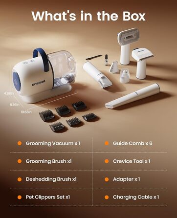 Машинка для стрижки собак Oneisall з пилососом, потужність 12000 Па, видаляє 99.99% шерсті, тиха, для собак та котів, 7 насадок