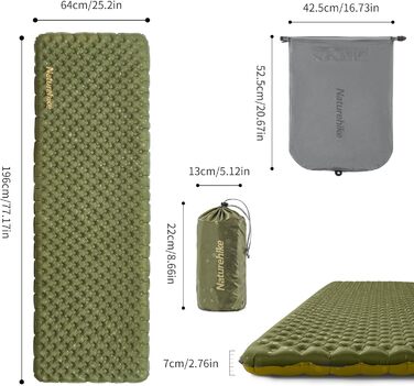 Naturehike килимок для кемпінгу Thermal 3.5R - ультралегкий, 4-сезонний (-6℃), самонадувний з надувною сумкою, високий R-значення, для зими, військовий зелений, прямокутний, XL
