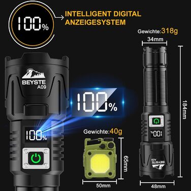 Ліхтарик BEYSTE LED акумуляторний, 500000 люмен, тактичний, USB-C, надяскравий для кемпінгу та надзвичайних ситуацій