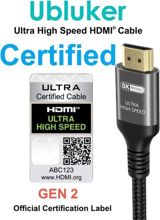HDMI кабель Ubluker 48Gbps 2м, 8K 60Hz, 4K 240Hz, HDR10+, ARC, eARC, HDCP2.3, для PS5, Xbox, TV, PC, Roku, Netflix