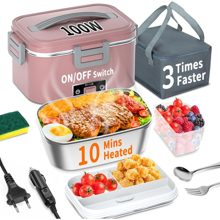 Electric Lunch Box 100W, 3-in-1 Portable Heated Lunch Box, Removable Stainless Steel Lunch Container, 12V/24V/220V Insulated Food Warmer for Car/Truck/Office, With Insulated Bag and Sponge (Pink, 1.8 L)
