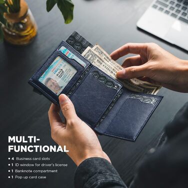 Чоловіче шкіряне картхолдер VULKIT з RFID-блокуванням, відділенням для грошей та візитки, Navy Blue
