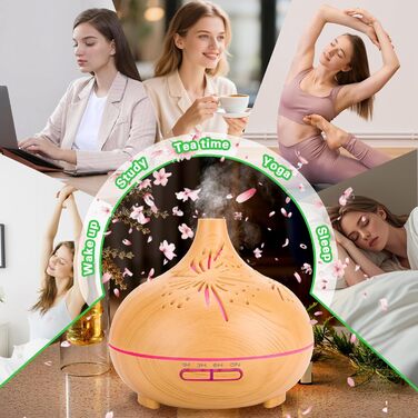 Ультразвуковий аромадифузор 550мл з дерев'яною обшивкою, керуванням від пульта, 7 LED кольорів з регулюванням яскравості, таймер 1/3/6 год, для спальні, вітальні, йоги та офісу