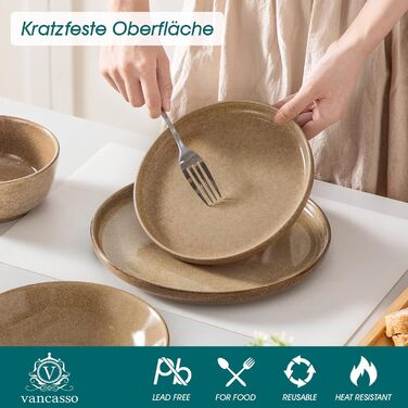 Набір посуду Steingut vancasso ANYA (48 предметів) - 48-місний сервіз з тарілок, десертних тарілок та мисок, карамелевого кольору, сумісний з мийкою та мікрохвильовою піччю