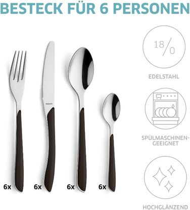 Kuppels PRISMA Cutlery Set for 6 | 24-Piece Cutlery Set | Camping Cutlery Set for 6 | Cutlery with Black Plastic Handles | Dinner Cutlery | Dishwasher Safe